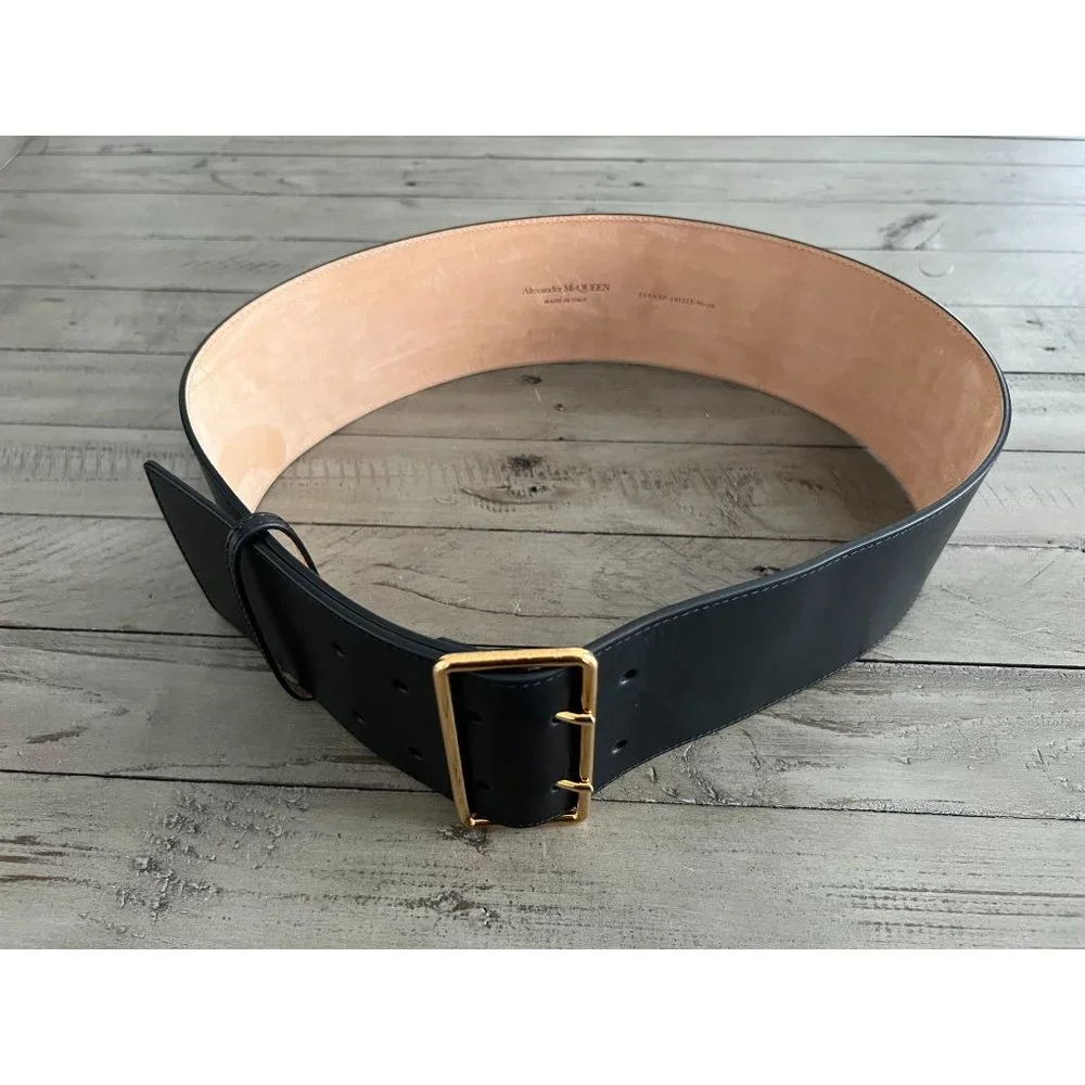 Alexander McQueen Black Leather Wide Belt with Gold Buckle